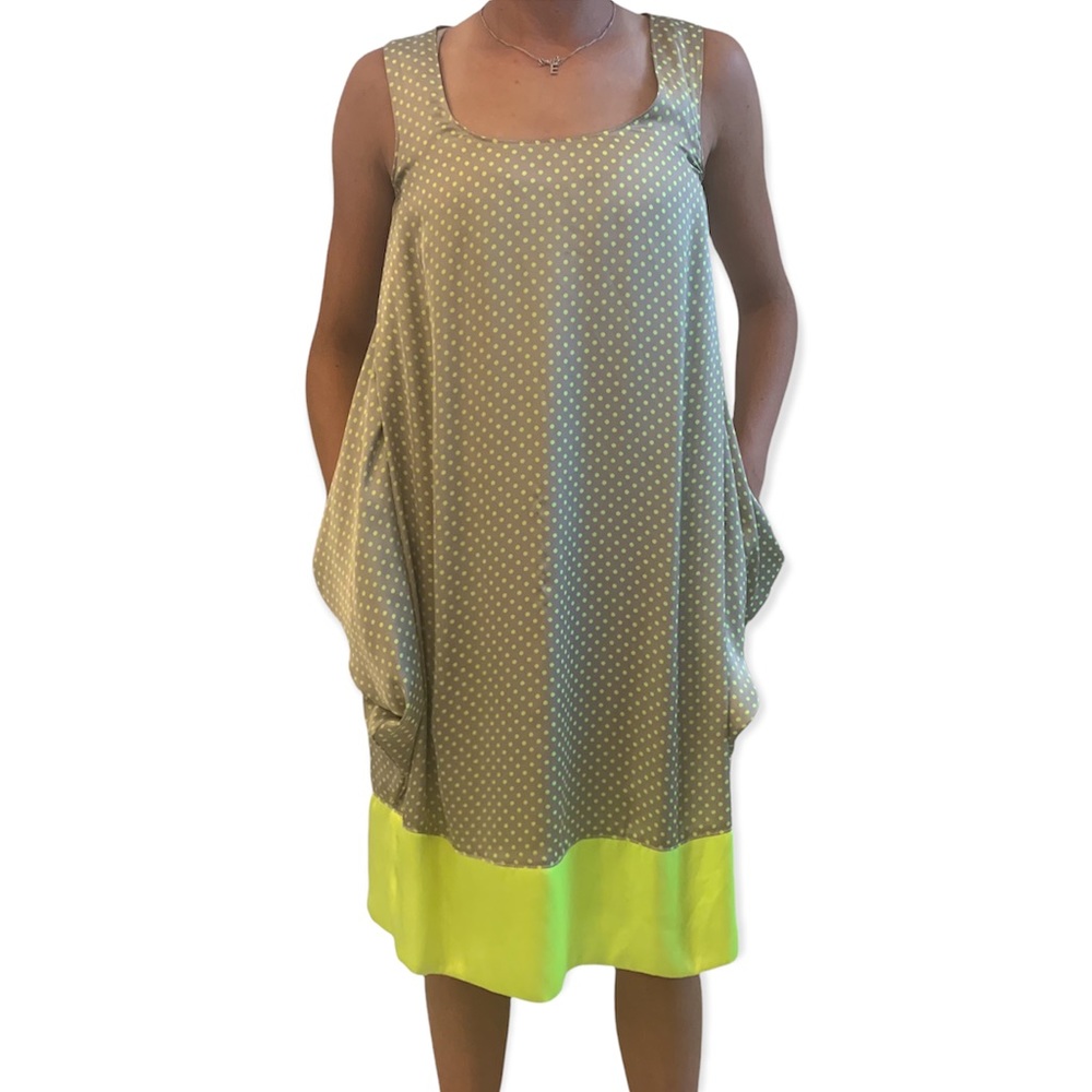 Basler German Luxury Designer Beige Neon Yellow Spot Dress with Oversized Pocket